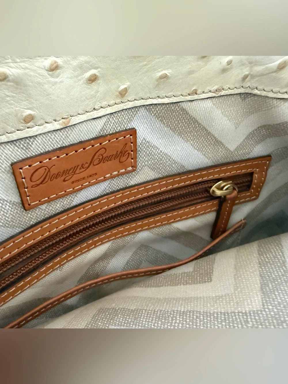 Dooney & Bourke Ivory Ostrich Leather Satchel  Purse Brown Trim Detachable Strap
